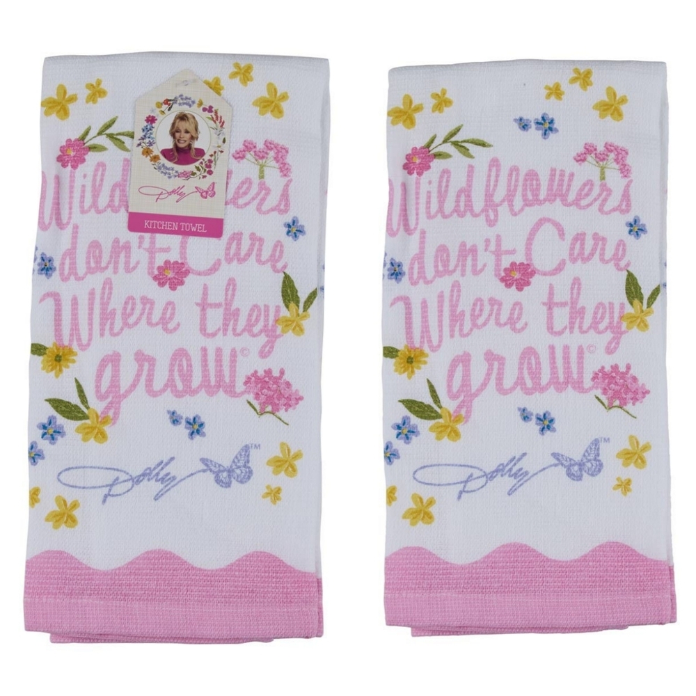 DOLLY PARTON Floral Towels X2 'Wild Flowers Don't Care Where They Grow' Pink